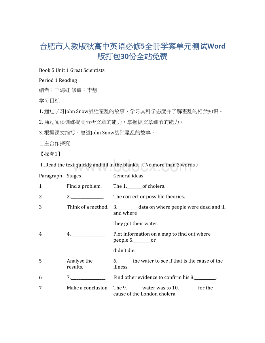 合肥市人教版秋高中英语必修5全册学案单元测试Word版打包30份全站免费.docx