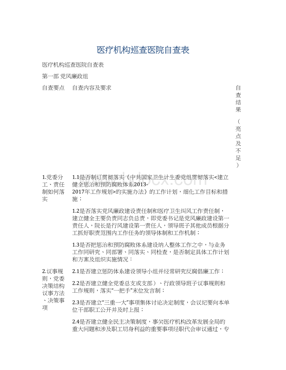 医疗机构巡查医院自查表.docx