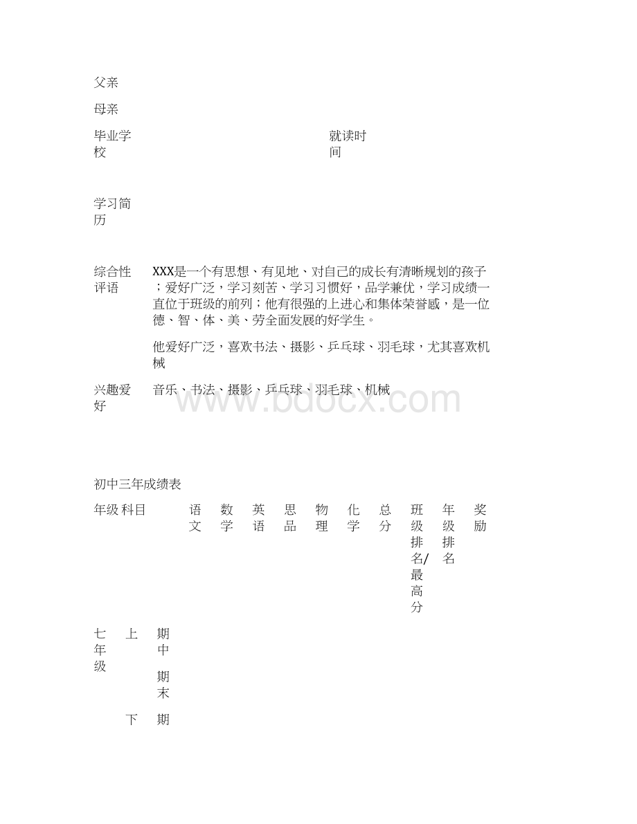 初中生简历模板Word文件下载.docx_第2页