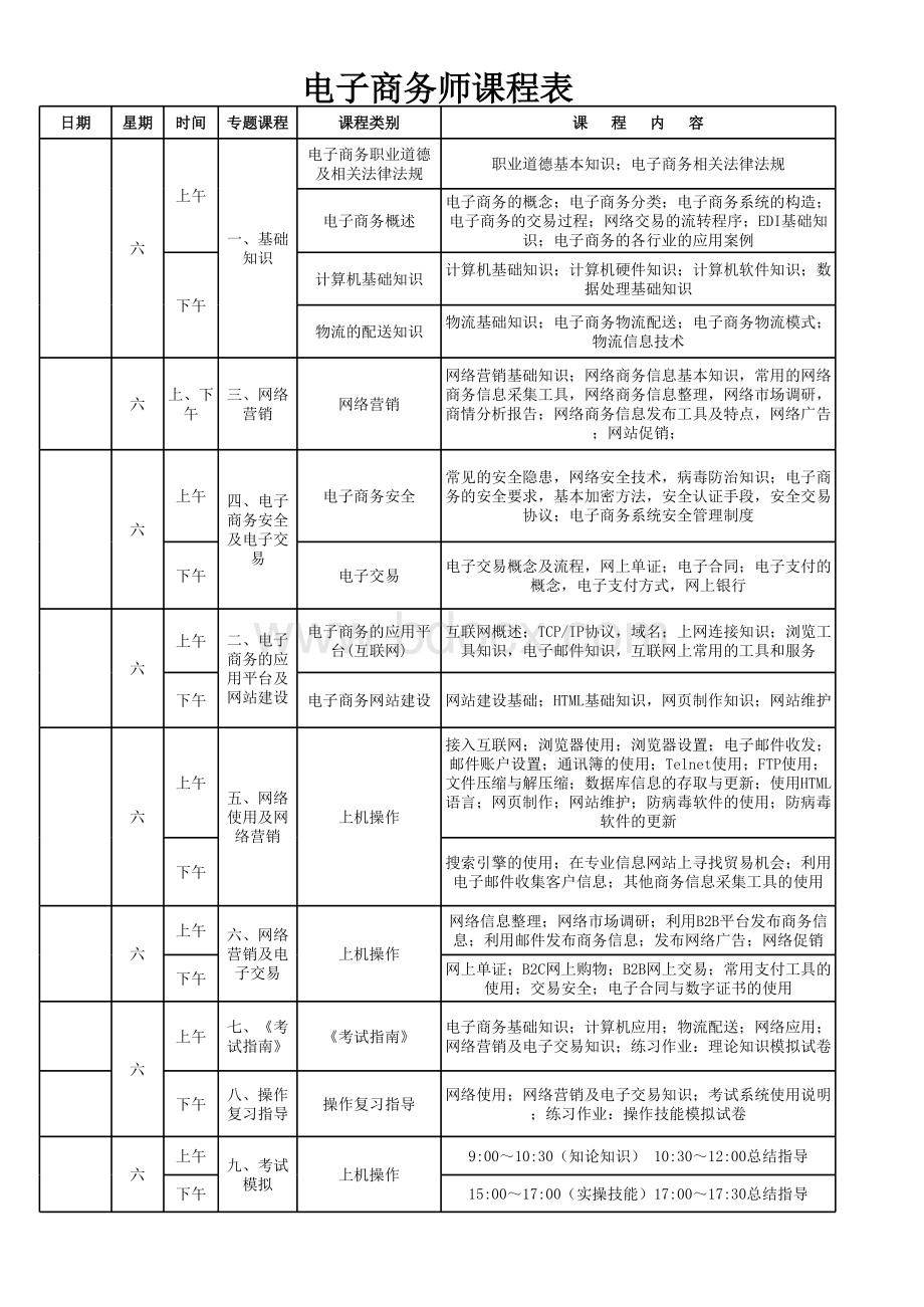 电子商务师课程表表格文件下载.xls