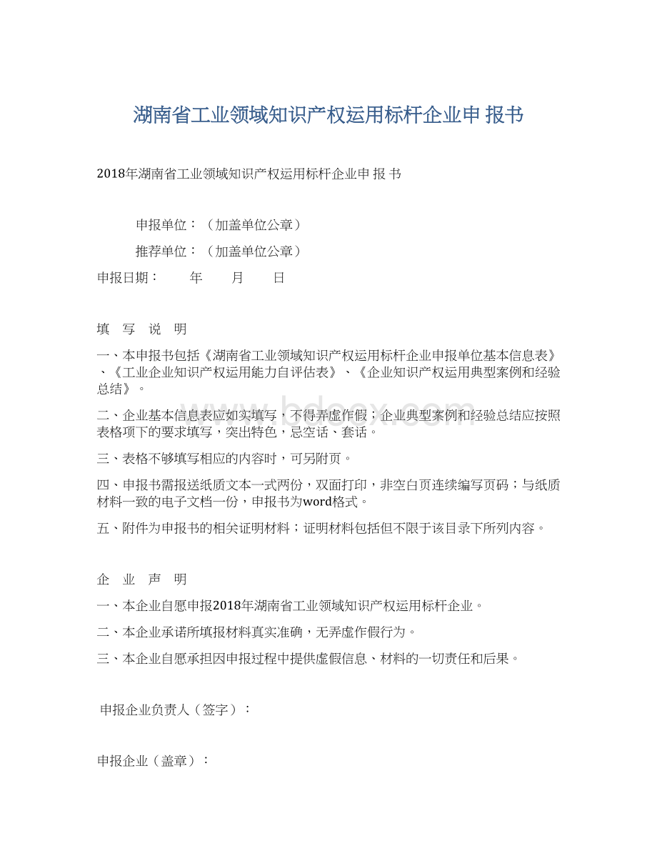 湖南省工业领域知识产权运用标杆企业申 报书Word文档格式.docx