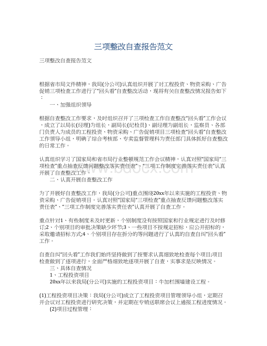 三项整改自查报告范文.docx