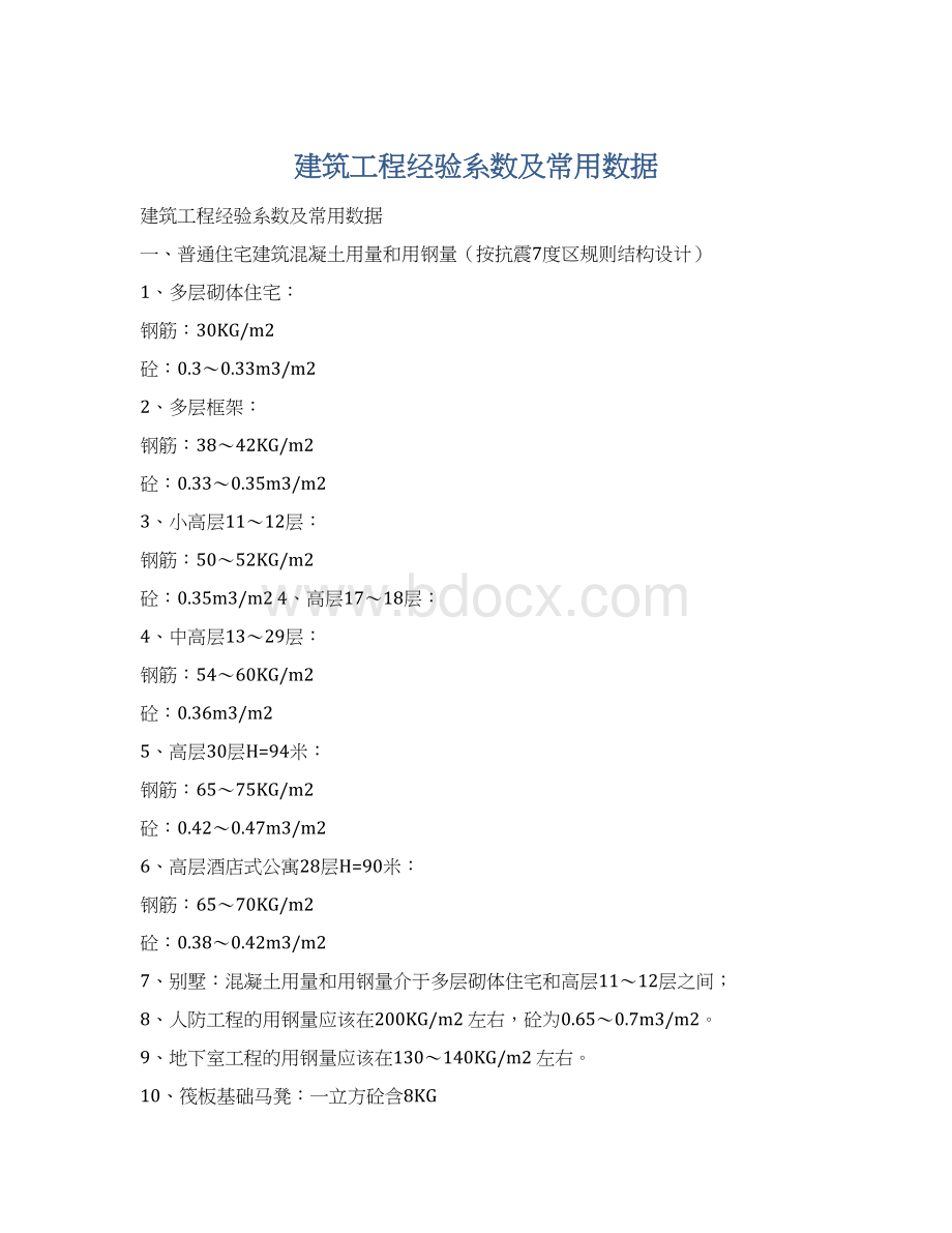 建筑工程经验系数及常用数据Word格式文档下载.docx_第1页