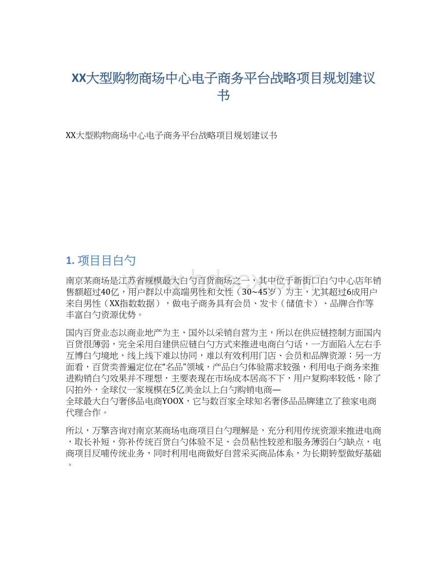 XX大型购物商场中心电子商务平台战略项目规划建议书.docx_第1页