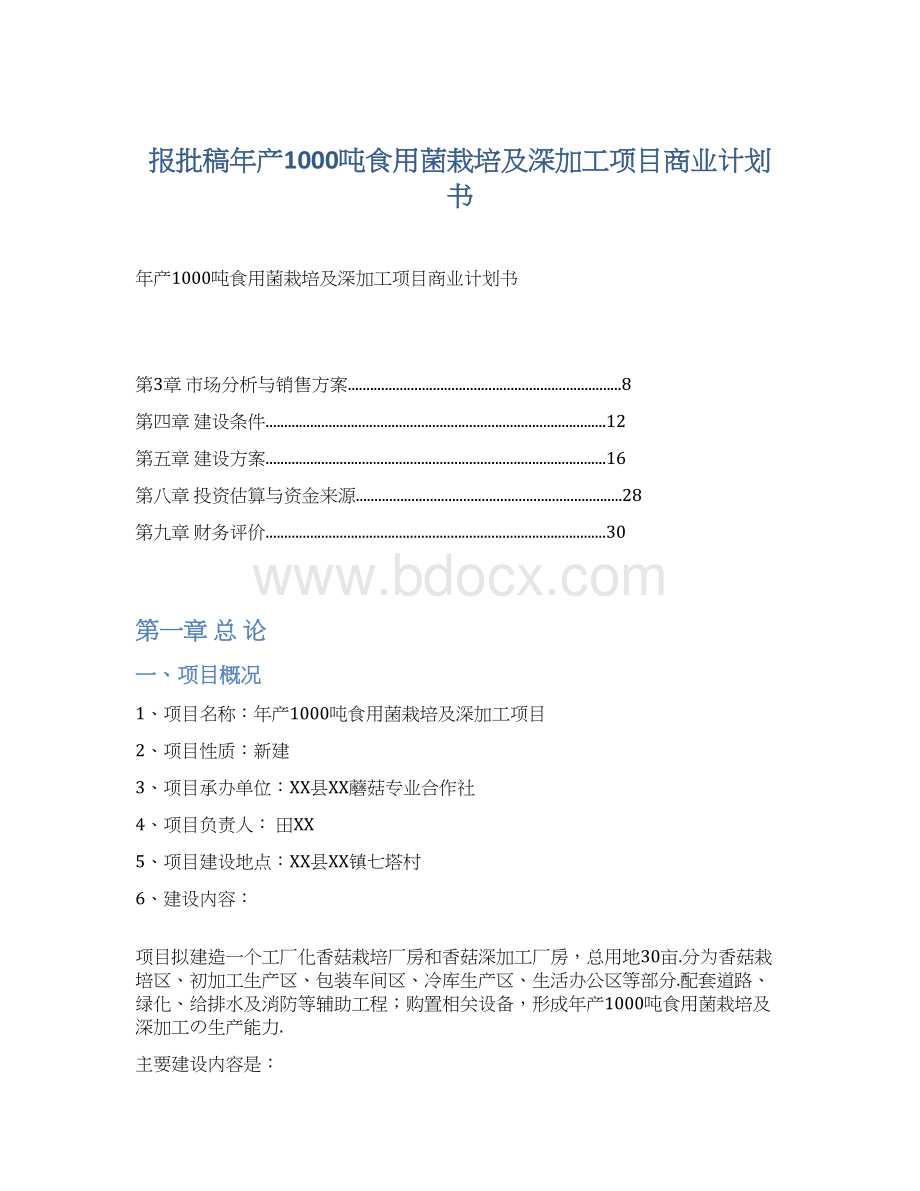 报批稿年产1000吨食用菌栽培及深加工项目商业计划书文档格式.docx