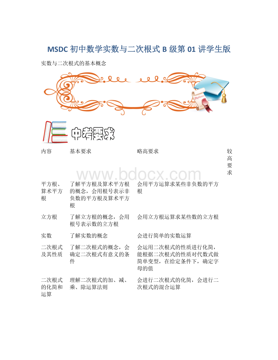 MSDC初中数学实数与二次根式B级第01讲学生版Word文档下载推荐.docx