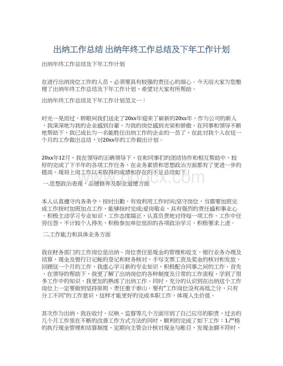 出纳工作总结 出纳年终工作总结及下年工作计划.docx