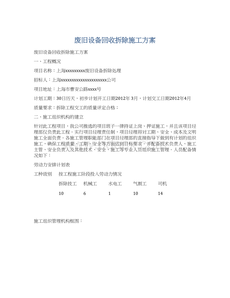 废旧设备回收拆除施工方案Word格式.docx