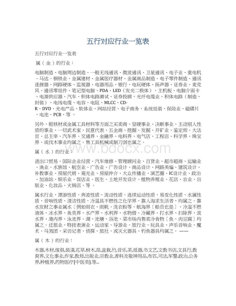 五行对应行业一览表.docx