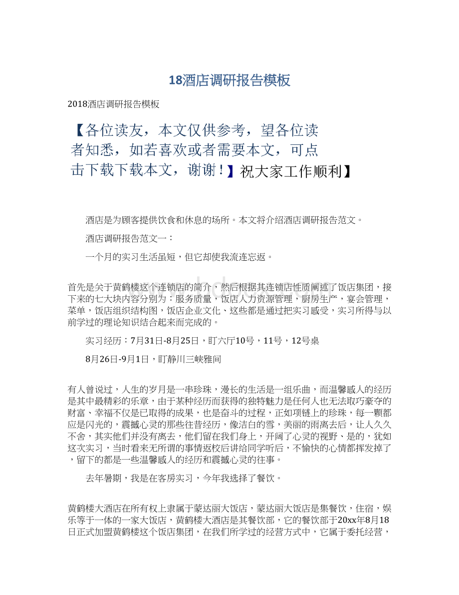 18酒店调研报告模板Word文档下载推荐.docx