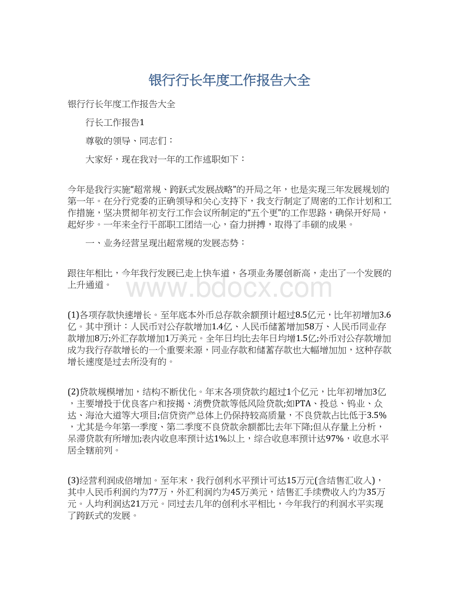 银行行长年度工作报告大全.docx