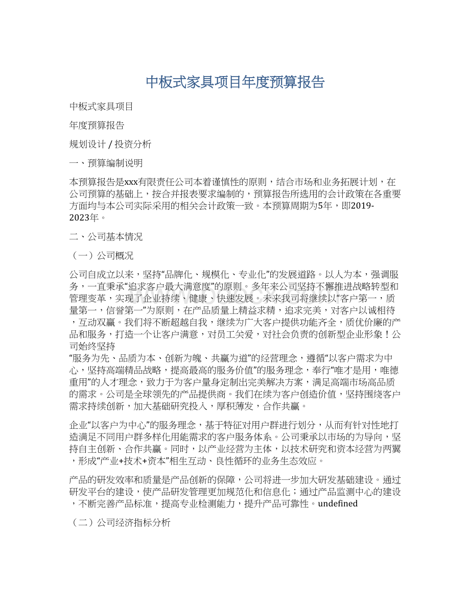 中板式家具项目年度预算报告Word文档格式.docx