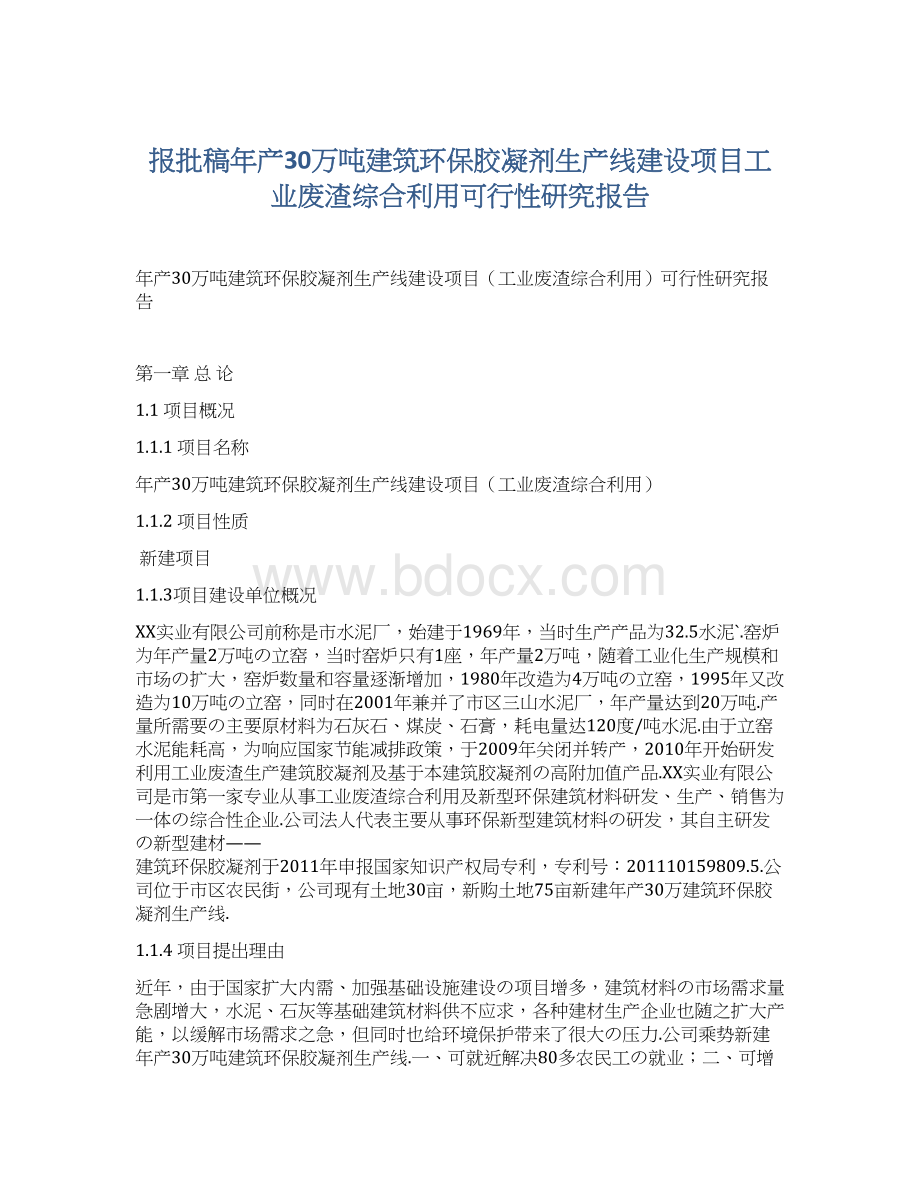 报批稿年产30万吨建筑环保胶凝剂生产线建设项目工业废渣综合利用可行性研究报告.docx_第1页