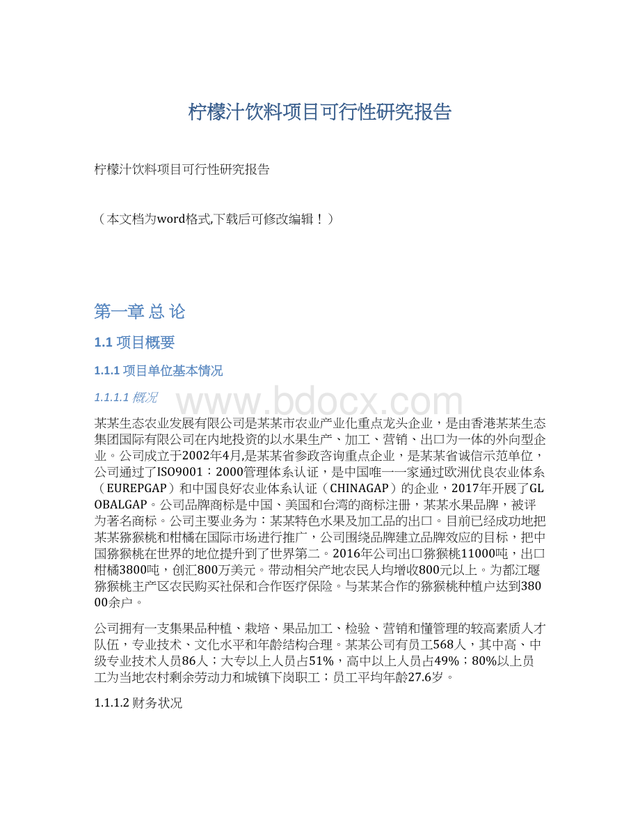 柠檬汁饮料项目可行性研究报告Word文档格式.docx_第1页