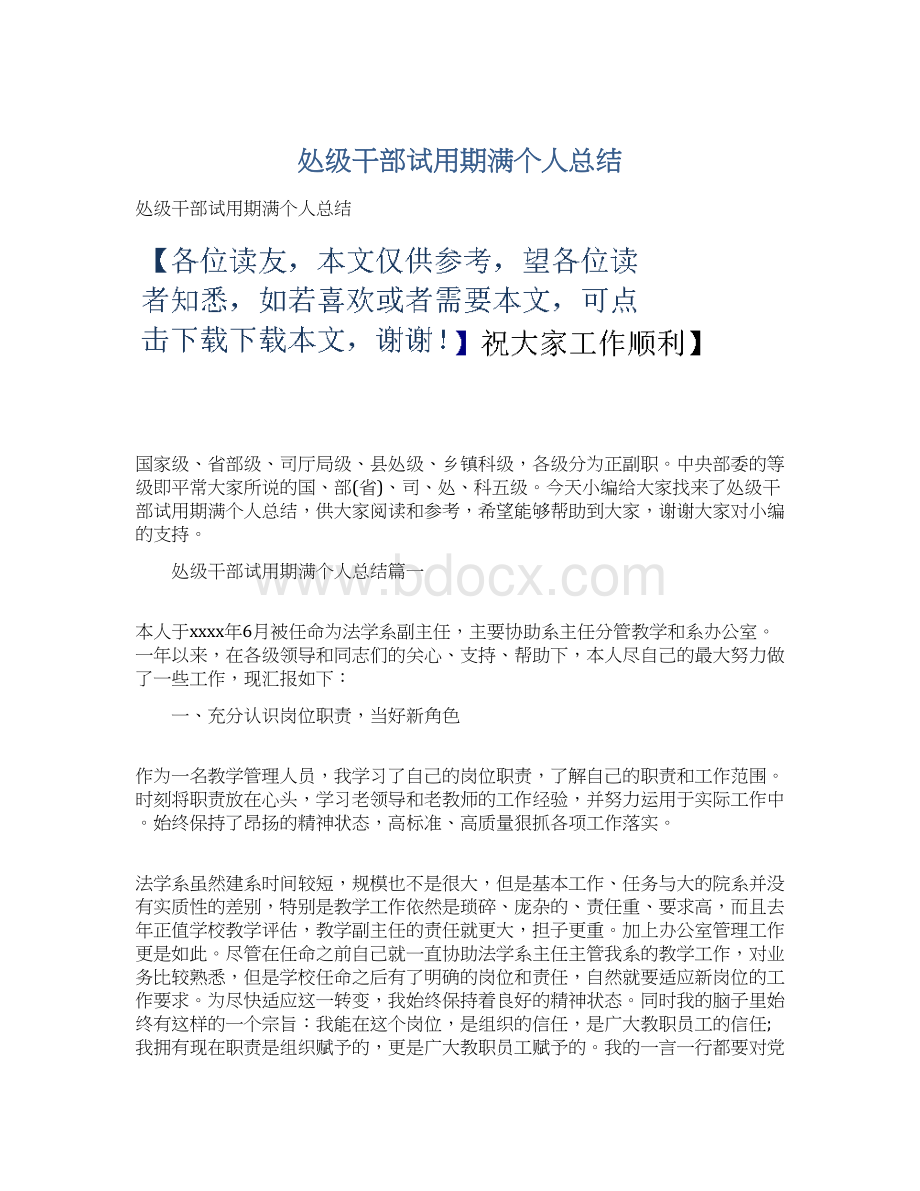 处级干部试用期满个人总结Word文件下载.docx