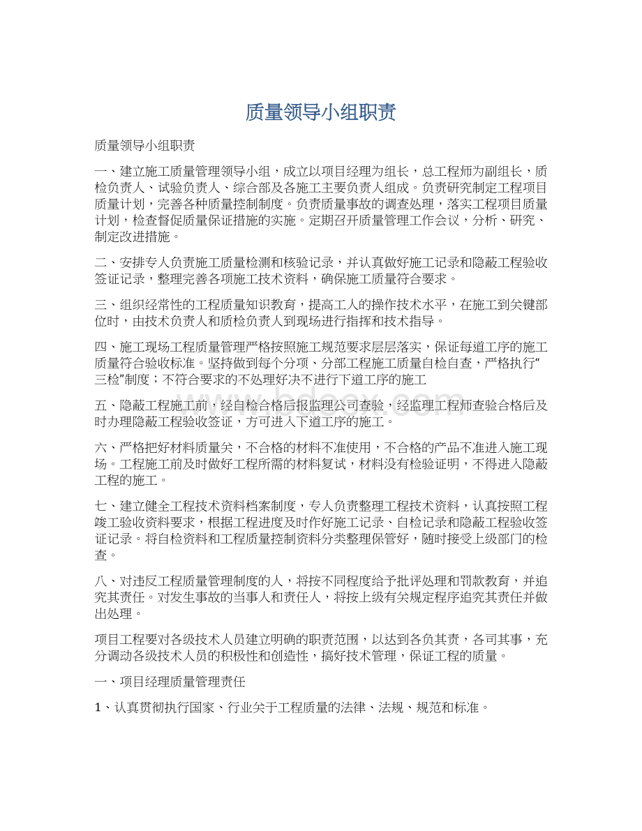 质量领导小组职责Word格式.docx