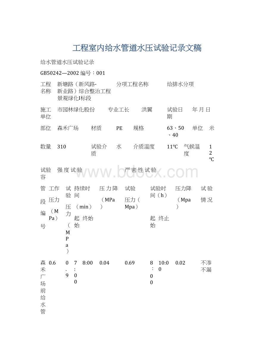 工程室内给水管道水压试验记录文稿文档格式.docx