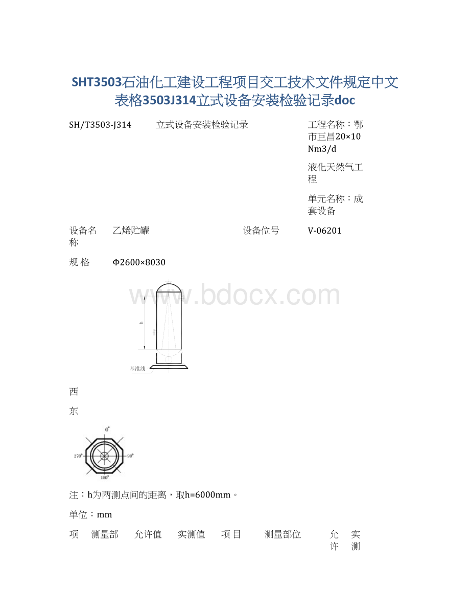 SHT3503石油化工建设工程项目交工技术文件规定中文表格3503J314立式设备安装检验记录doc.docx_第1页