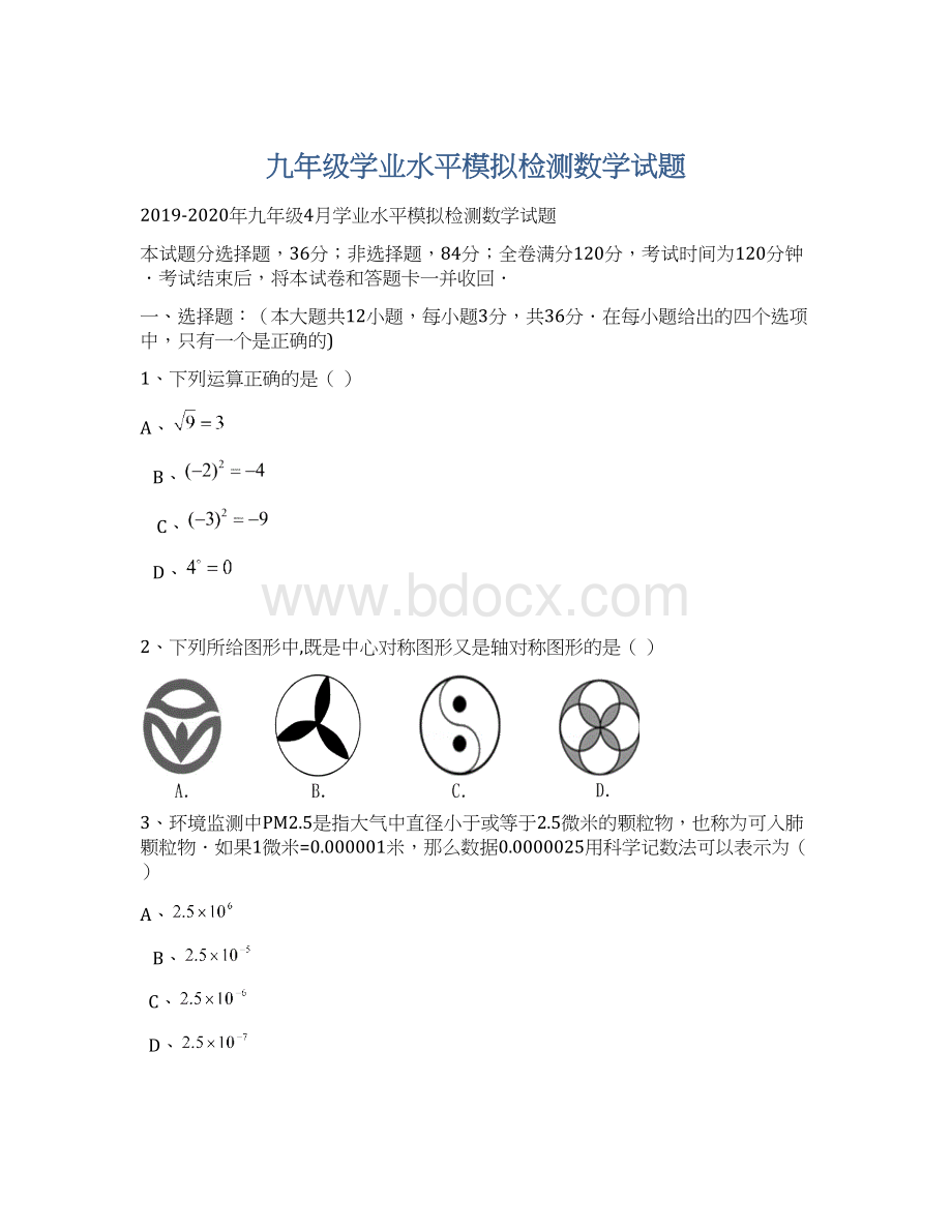 九年级学业水平模拟检测数学试题.docx