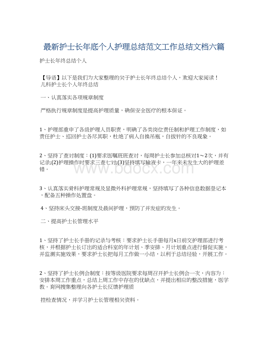 最新护士长年底个人护理总结范文工作总结文档六篇Word文件下载.docx_第1页