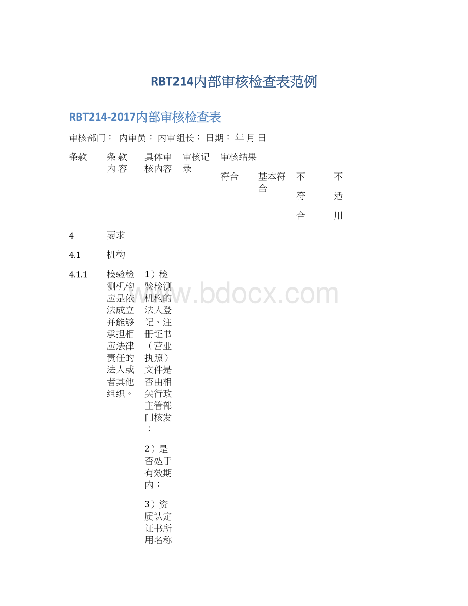 RBT214内部审核检查表范例Word文件下载.docx