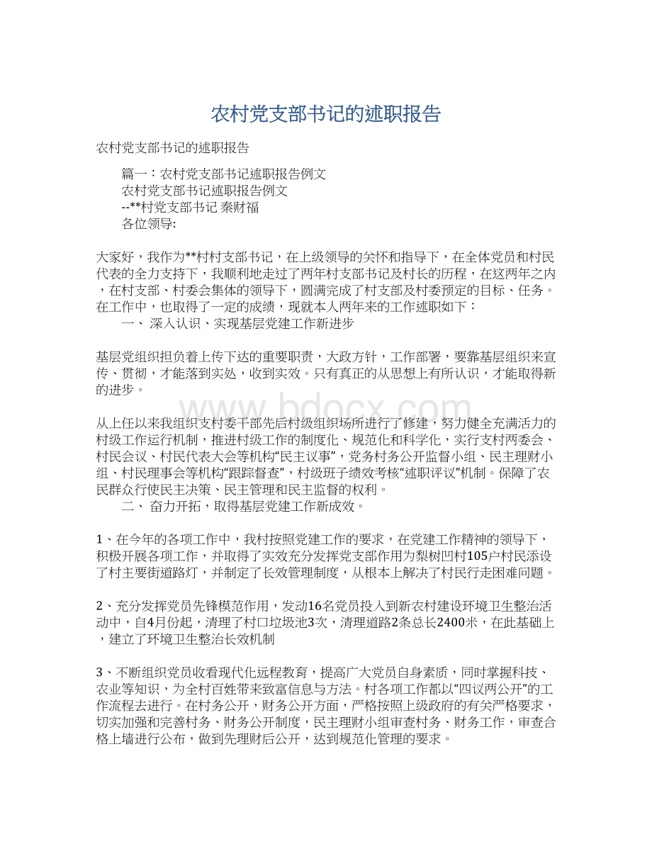 农村党支部书记的述职报告Word文档下载推荐.docx