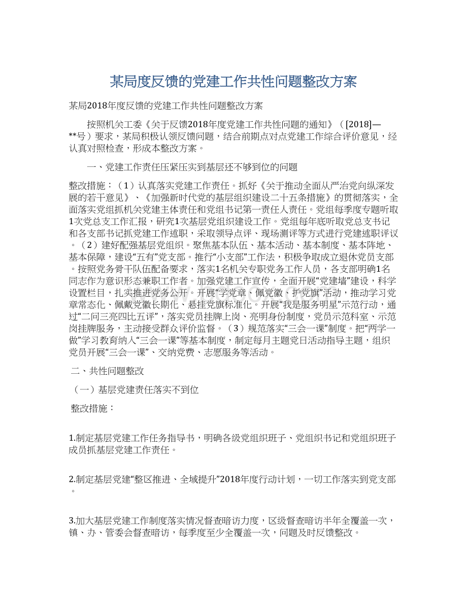 某局度反馈的党建工作共性问题整改方案Word文档格式.docx_第1页