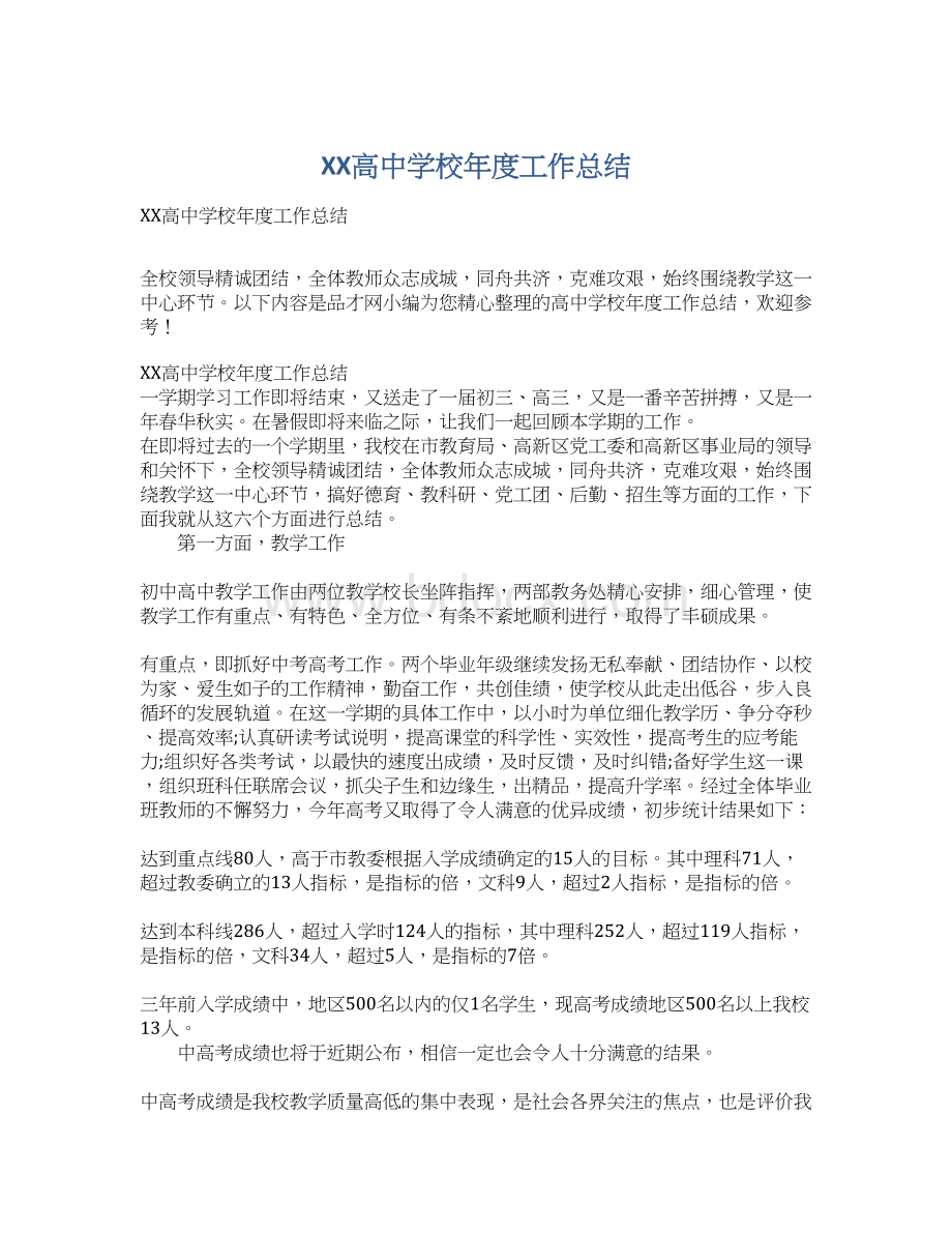 XX高中学校年度工作总结Word格式文档下载.docx