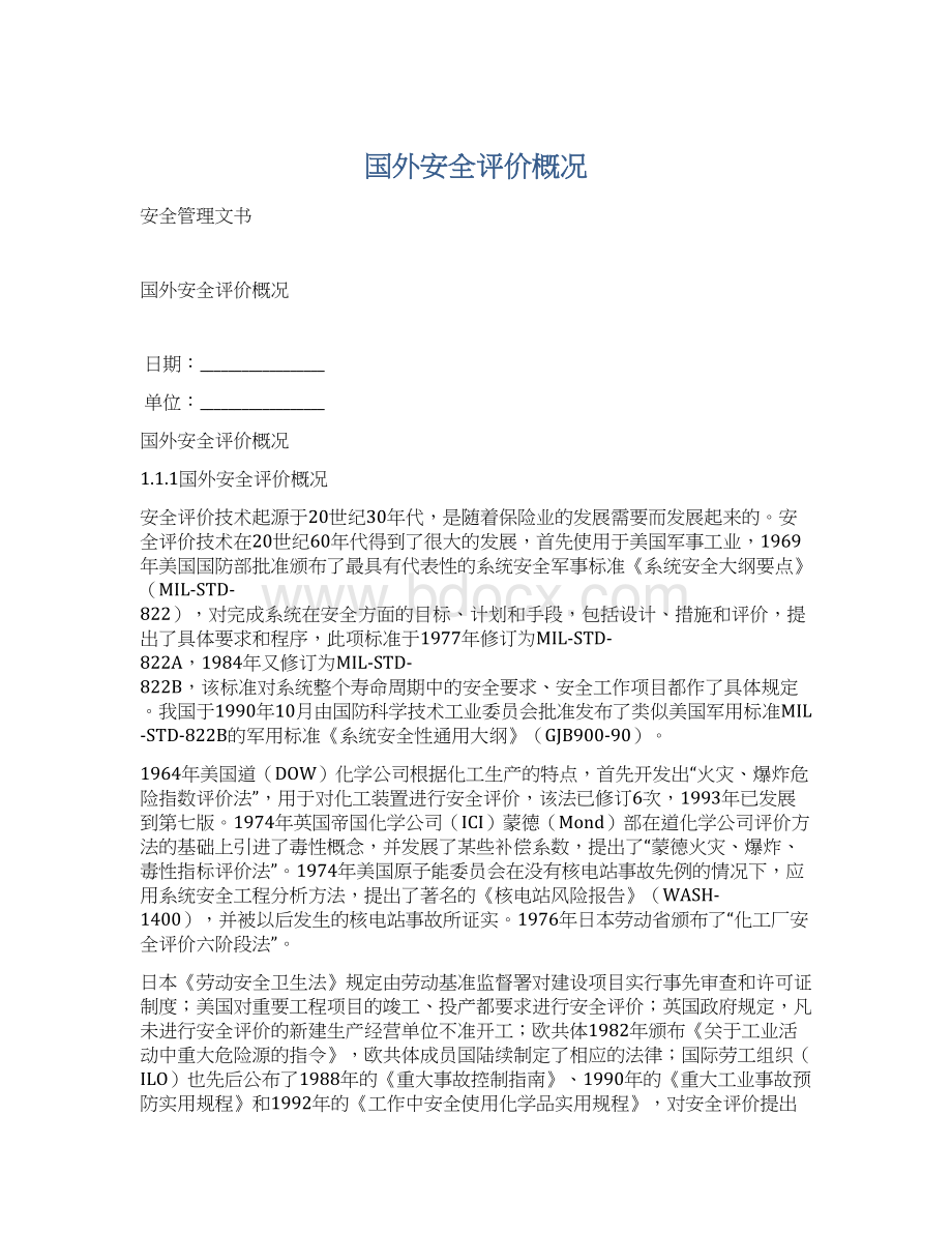 国外安全评价概况Word格式文档下载.docx_第1页