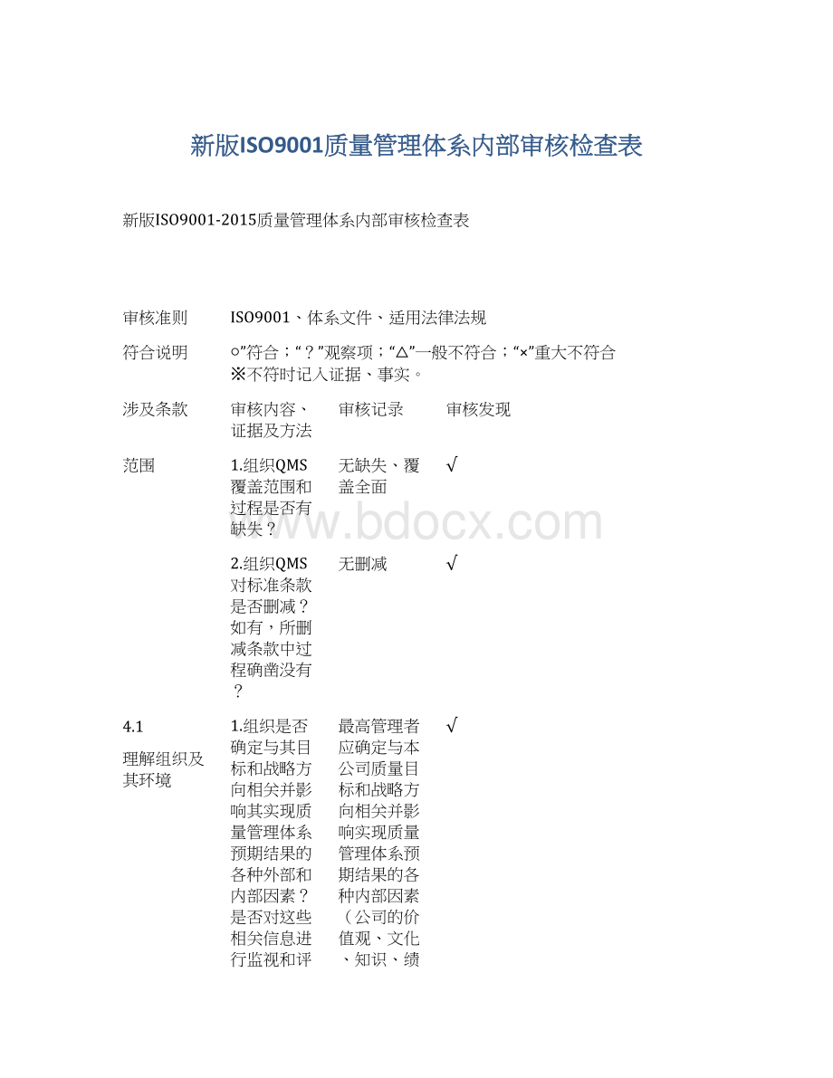 新版ISO9001质量管理体系内部审核检查表.docx_第1页