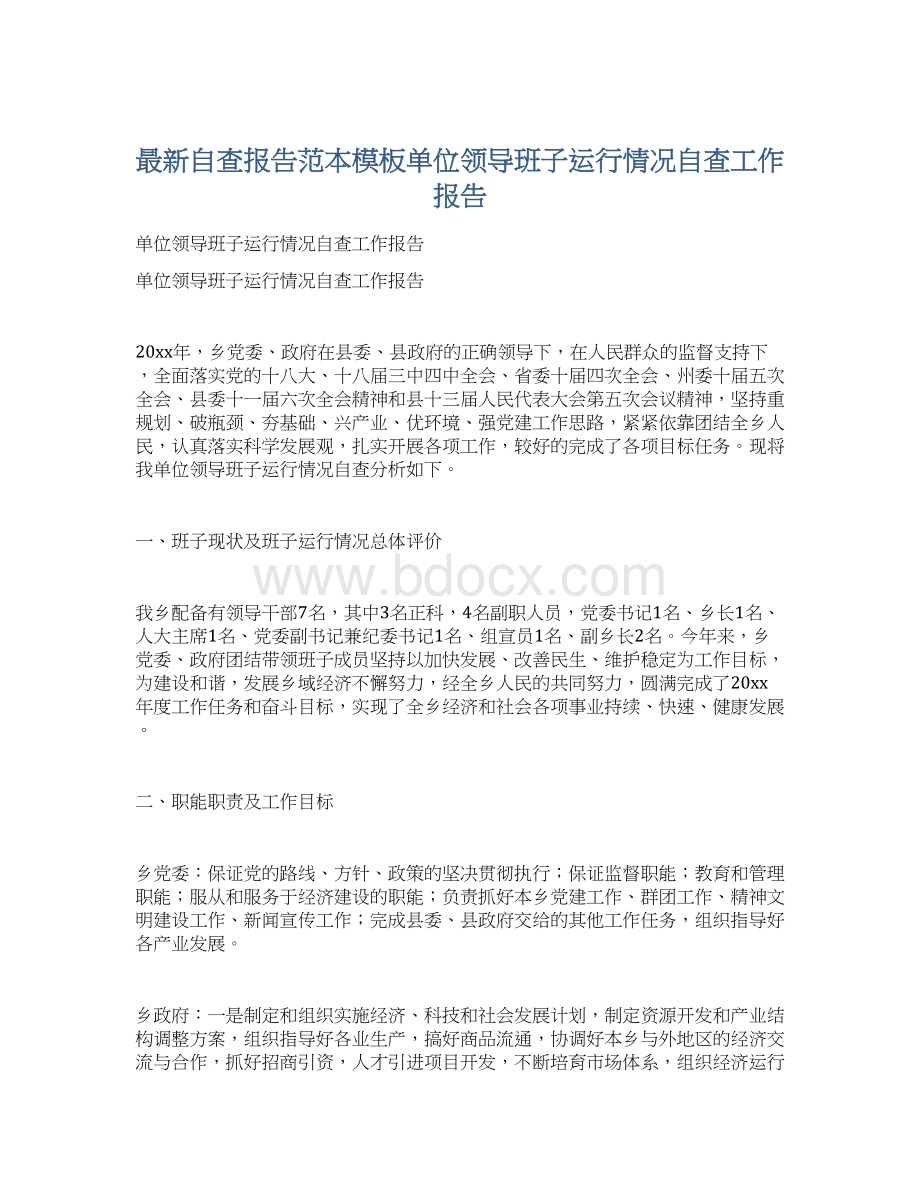 最新自查报告范本模板单位领导班子运行情况自查工作报告.docx_第1页