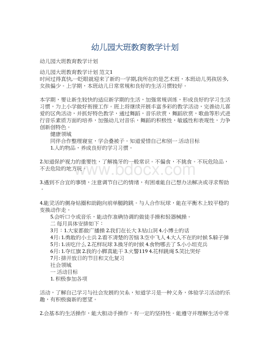 幼儿园大班教育教学计划Word格式文档下载.docx