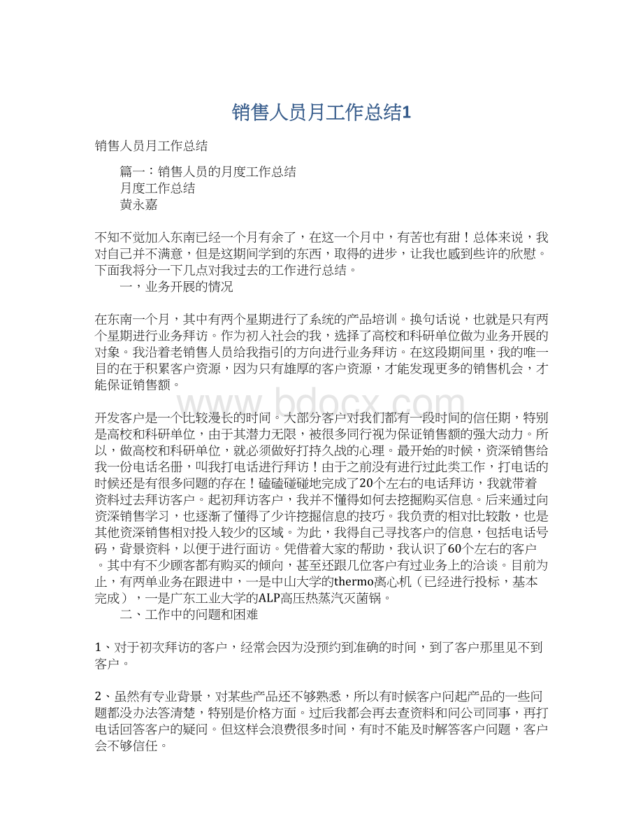 销售人员月工作总结1.docx