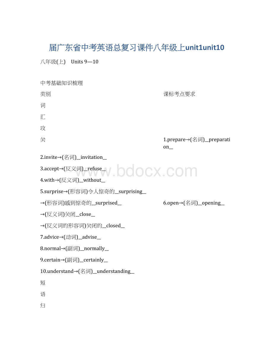 届广东省中考英语总复习课件八年级上unit1unit10Word文件下载.docx_第1页