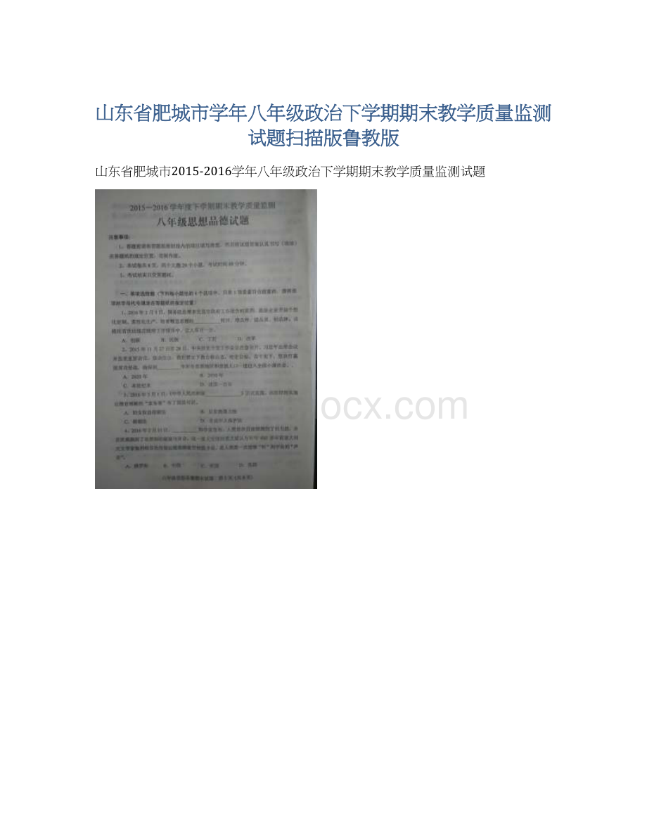 山东省肥城市学年八年级政治下学期期末教学质量监测试题扫描版鲁教版.docx_第1页