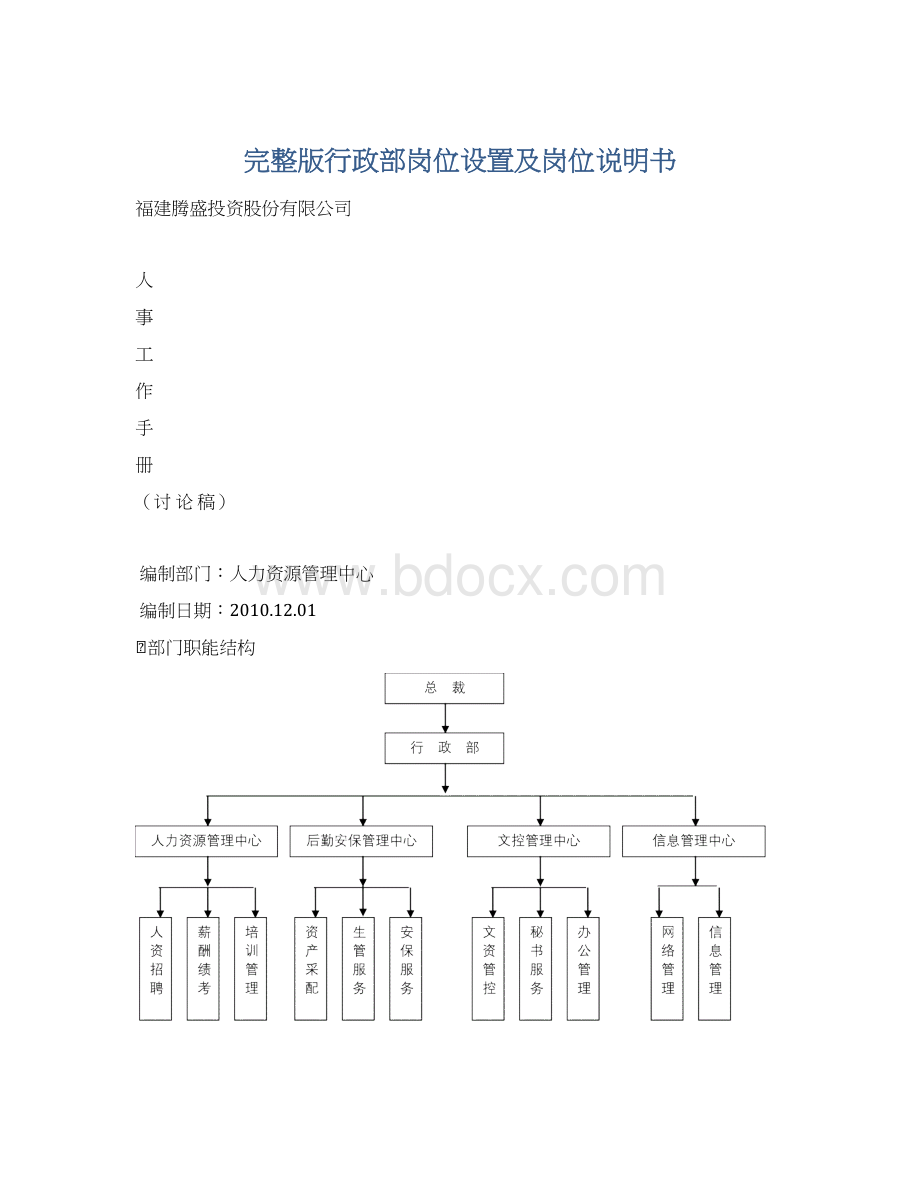 完整版行政部岗位设置及岗位说明书.docx_第1页