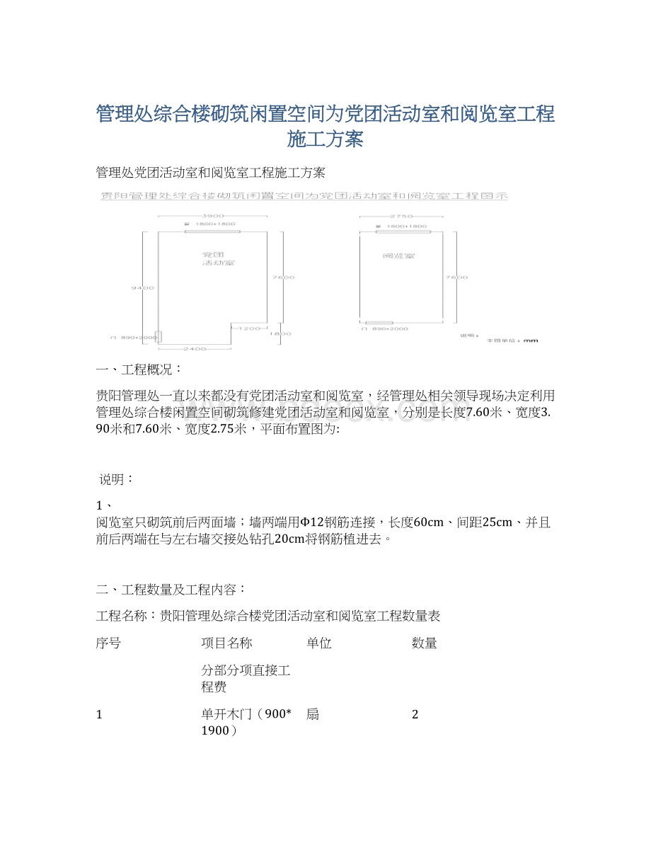 管理处综合楼砌筑闲置空间为党团活动室和阅览室工程施工方案Word文件下载.docx_第1页