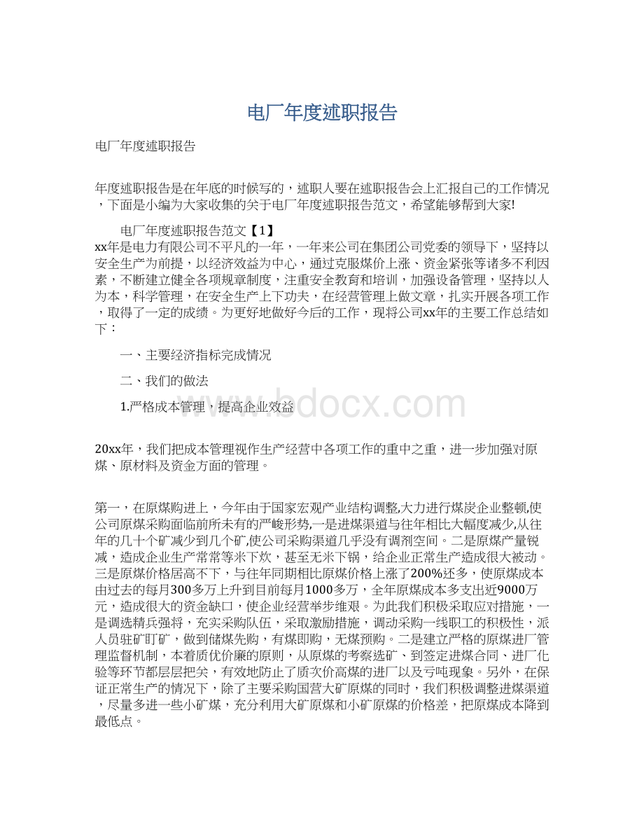 电厂年度述职报告Word文档下载推荐.docx_第1页