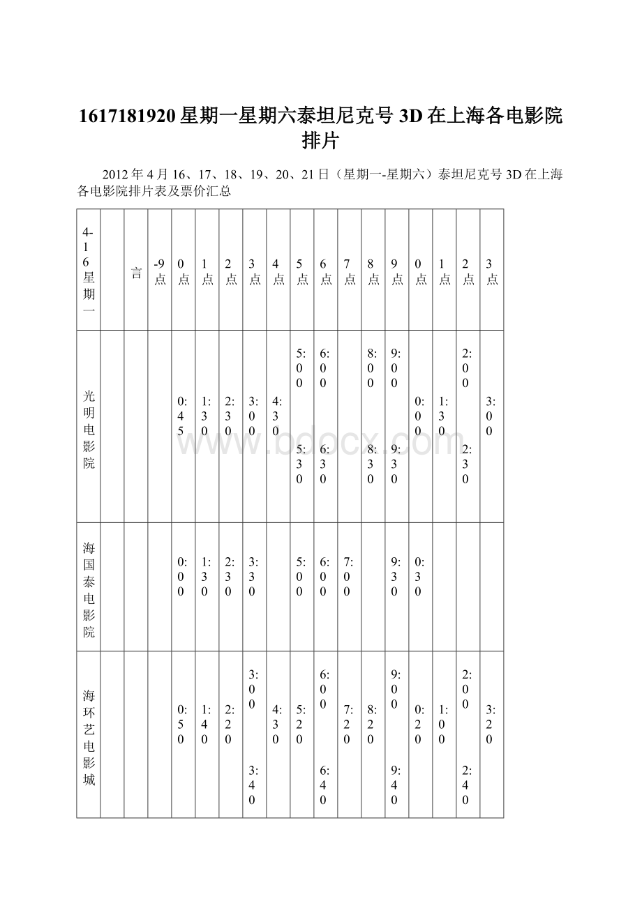 1617181920星期一星期六泰坦尼克号3D在上海各电影院排片Word格式文档下载.docx