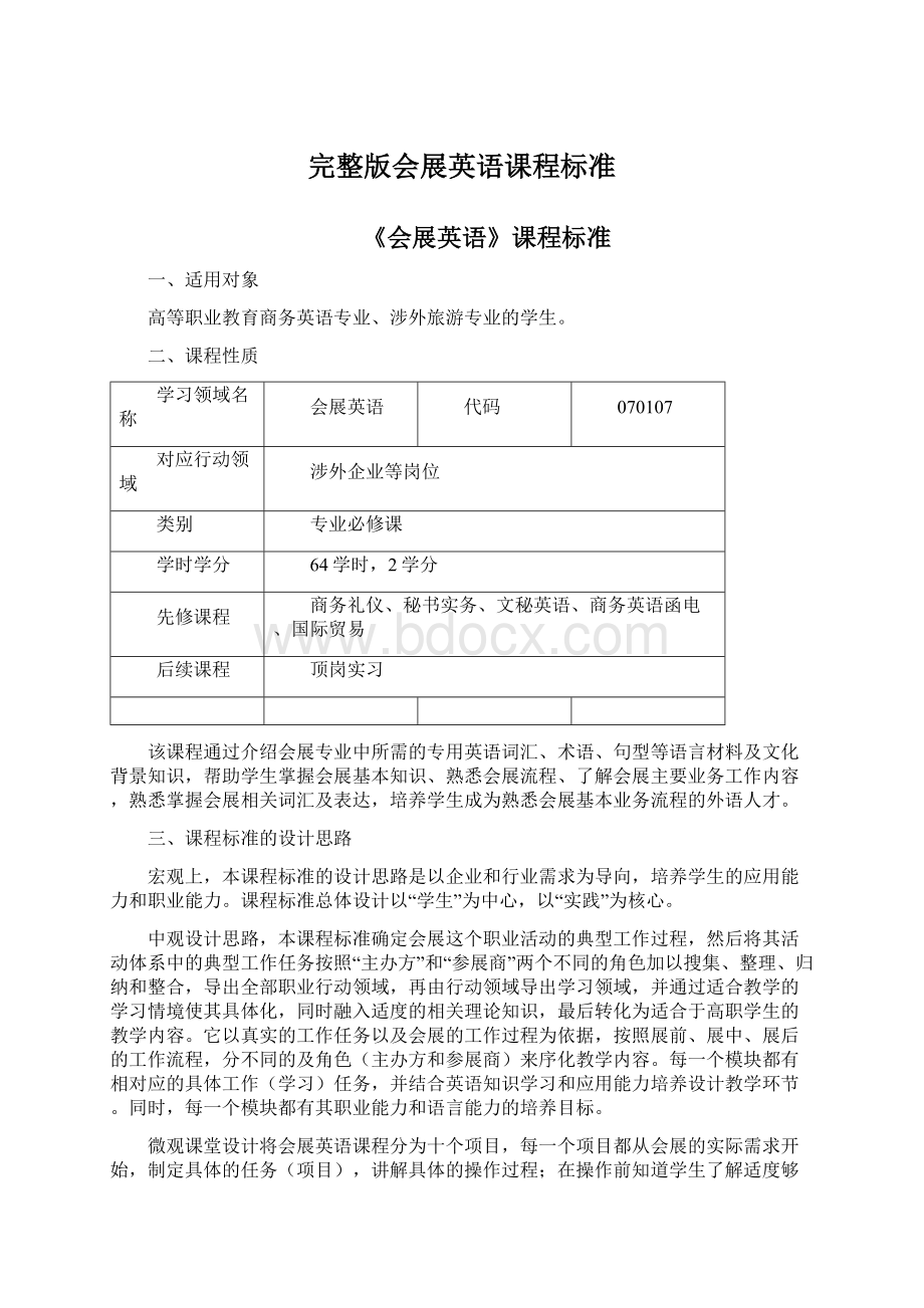 完整版会展英语课程标准Word文档下载推荐.docx