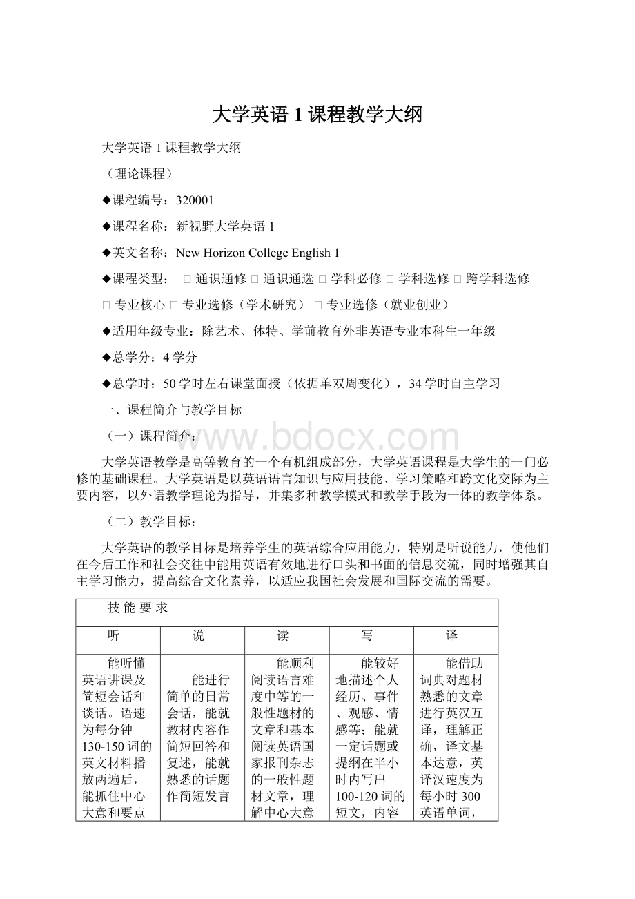 大学英语1课程教学大纲Word文档格式.docx