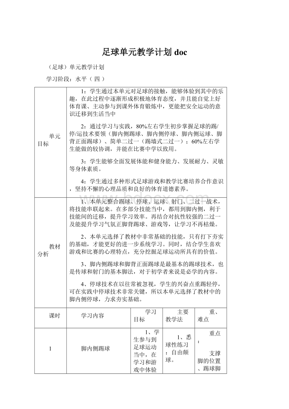 足球单元教学计划 docWord文件下载.docx_第1页