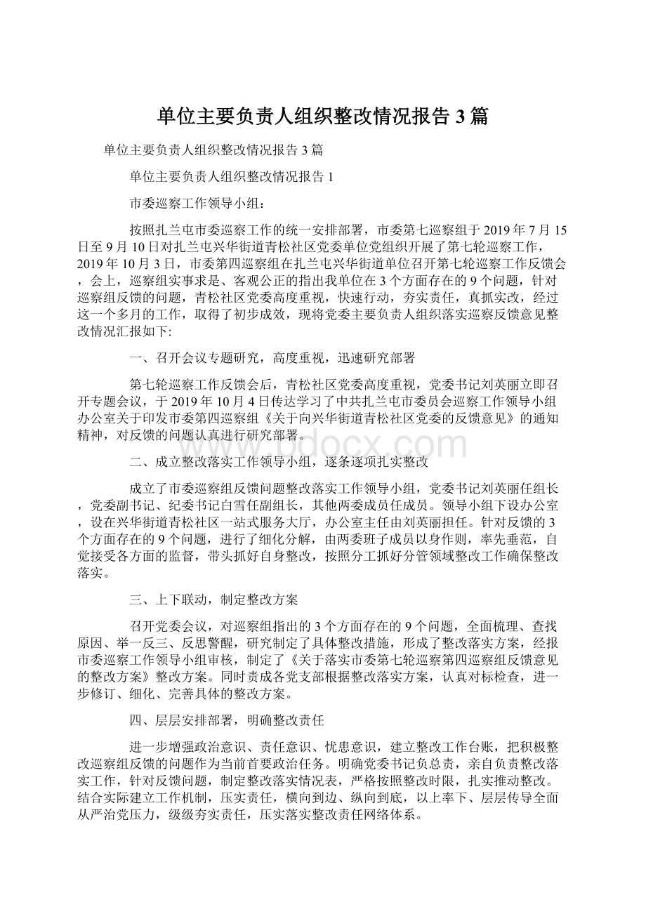 单位主要负责人组织整改情况报告3篇Word文档格式.docx_第1页