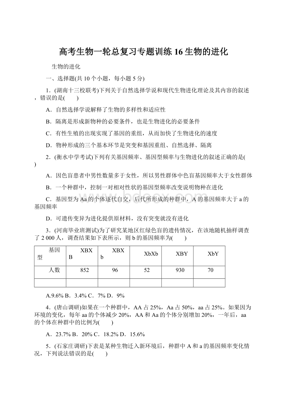 高考生物一轮总复习专题训练16生物的进化.docx_第1页