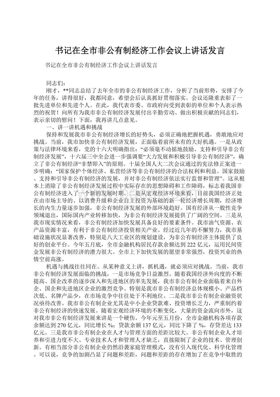 书记在全市非公有制经济工作会议上讲话发言.docx_第1页