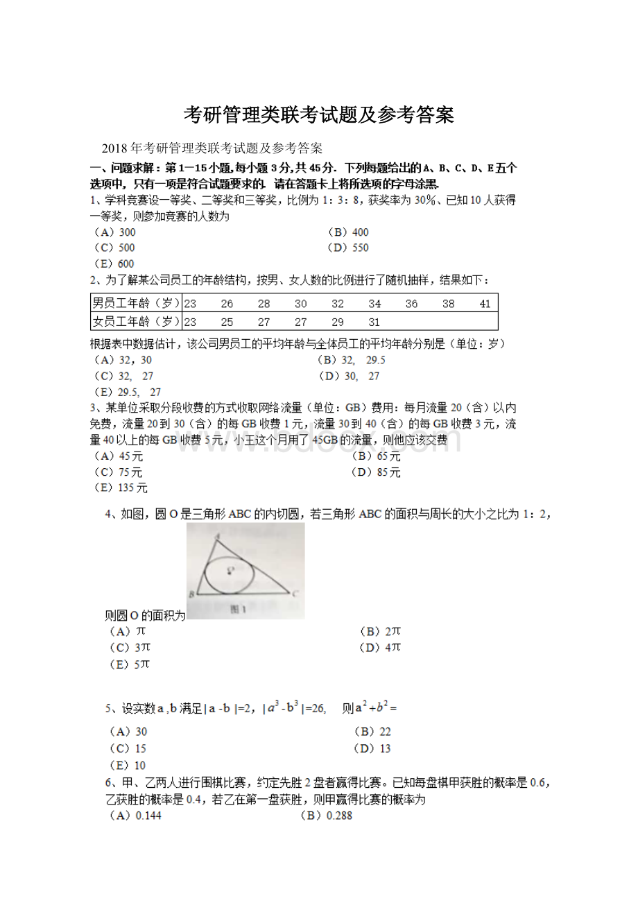 考研管理类联考试题及参考答案Word文档下载推荐.docx_第1页