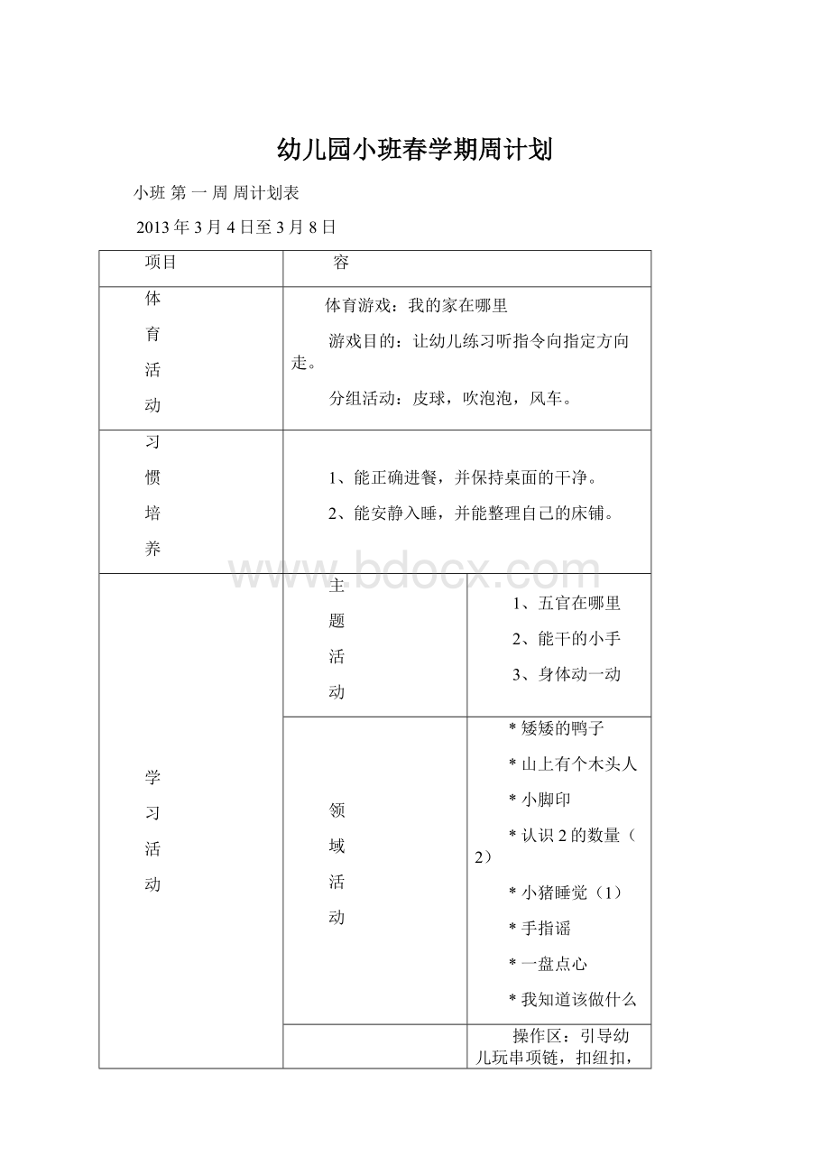 幼儿园小班春学期周计划Word格式.docx_第1页