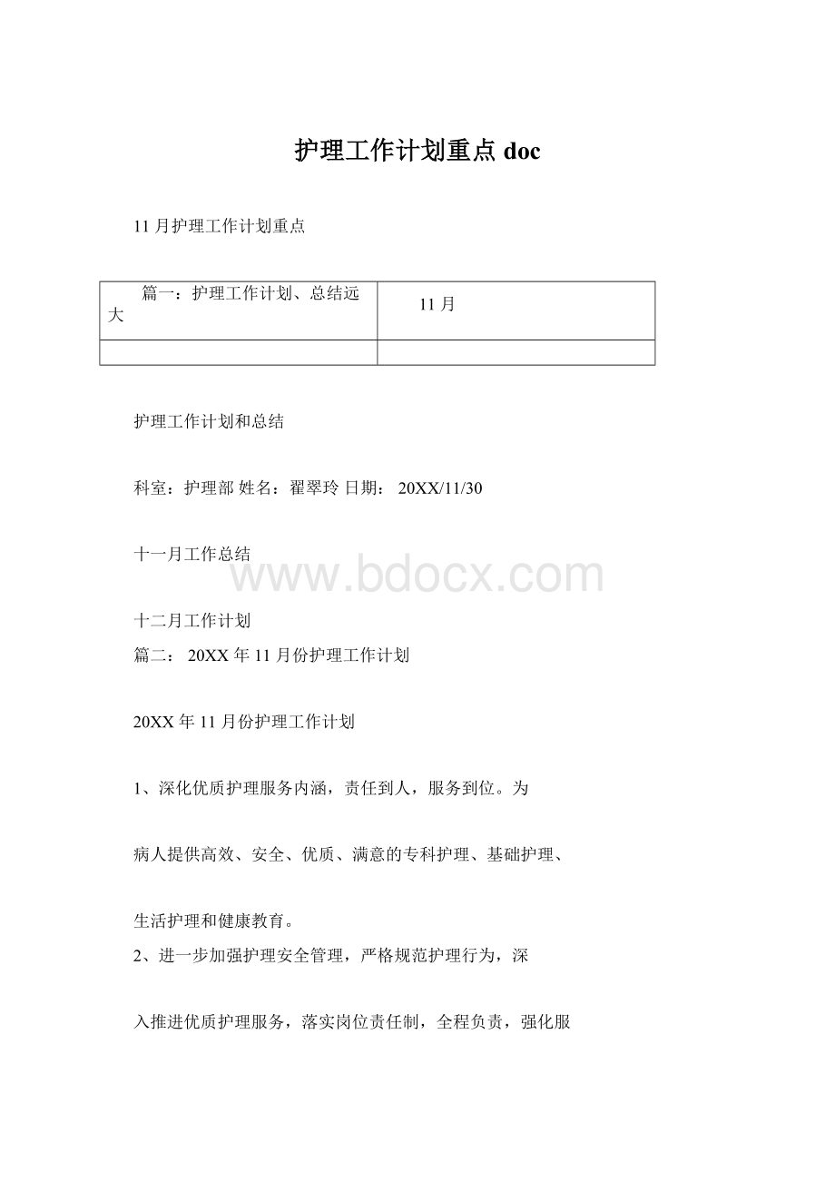 护理工作计划重点doc.docx_第1页