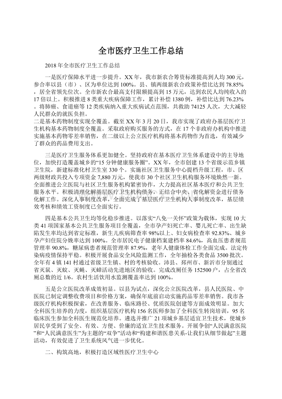 全市医疗卫生工作总结Word文件下载.docx