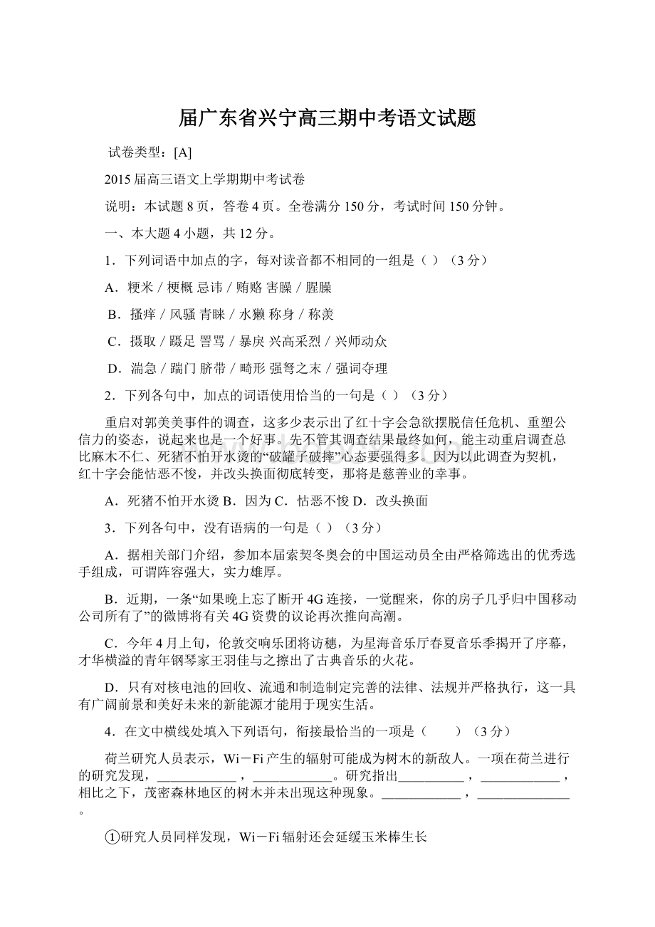 届广东省兴宁高三期中考语文试题Word文档格式.docx